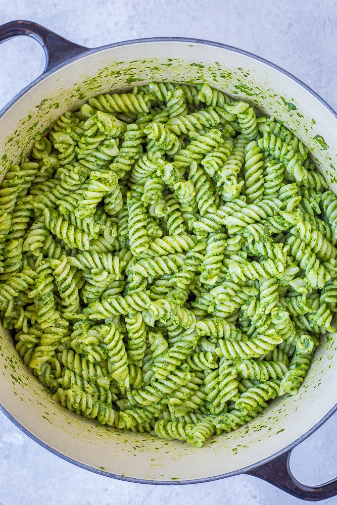 Pot full of hidden veggie pesto pasta