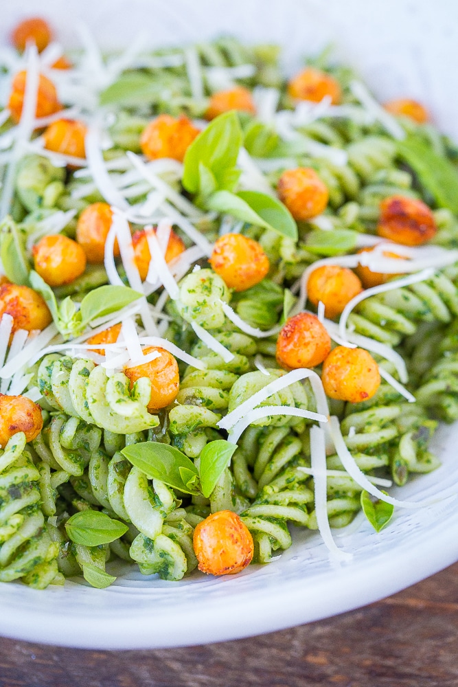 Close up view of pesto pasta recipe