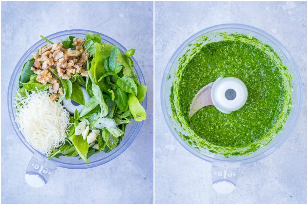 before and after photos of pesto sauce recipe being made