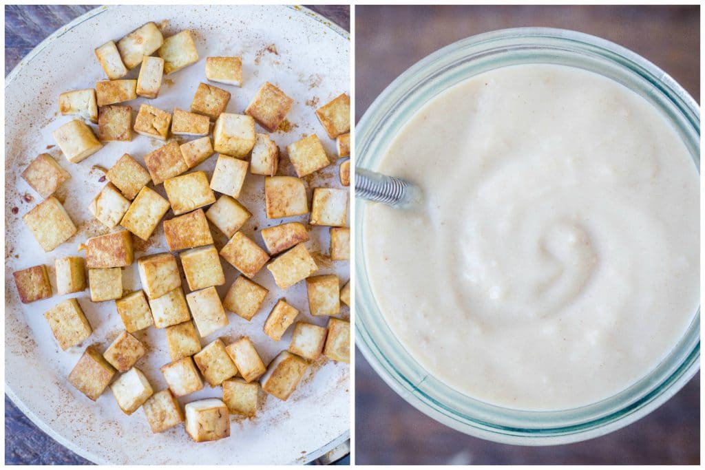 Side by side photos of cooked tofu and peanut sauce in a jar for this Easy Peanut Butter Tofu Recipe