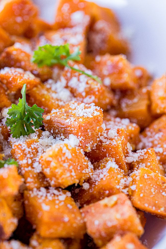 Close up view of roasted sweet potatoes