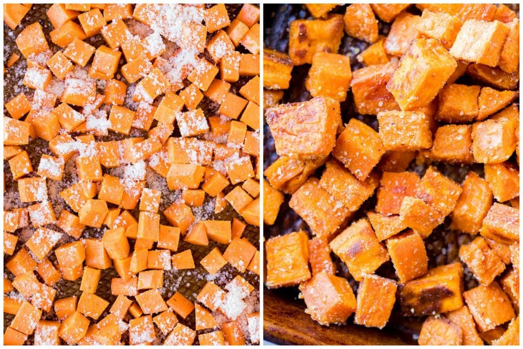 Showing before and after of how to make parmesan roasted sweet potatoes
