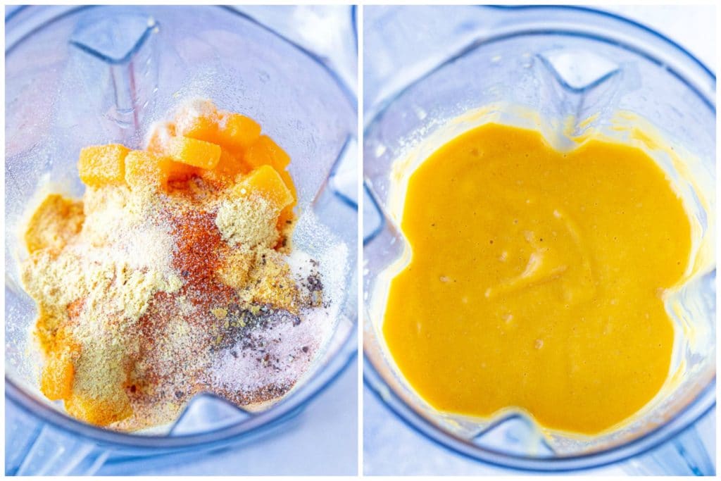 Side by side photos of showing how to make vegan butternut squash Mac and cheese