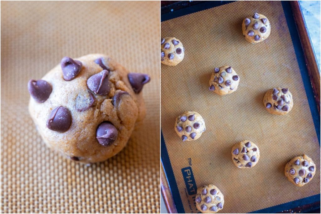 Healthy chocolate chip cookie dough in balls in a cookie sheet