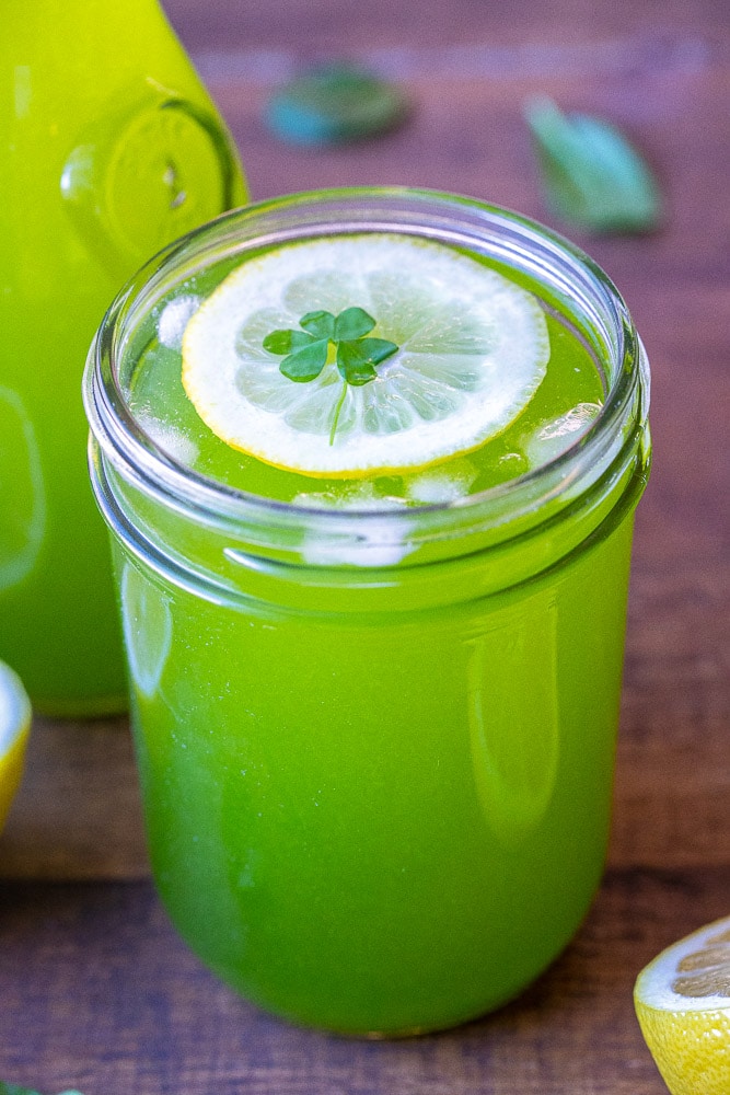 Close up of a glass of leprechaun lemonade