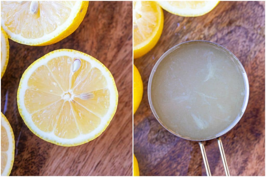 side by side photos of a lemon cut in half and a cup of lemon juice for this homemade lemonade recipe