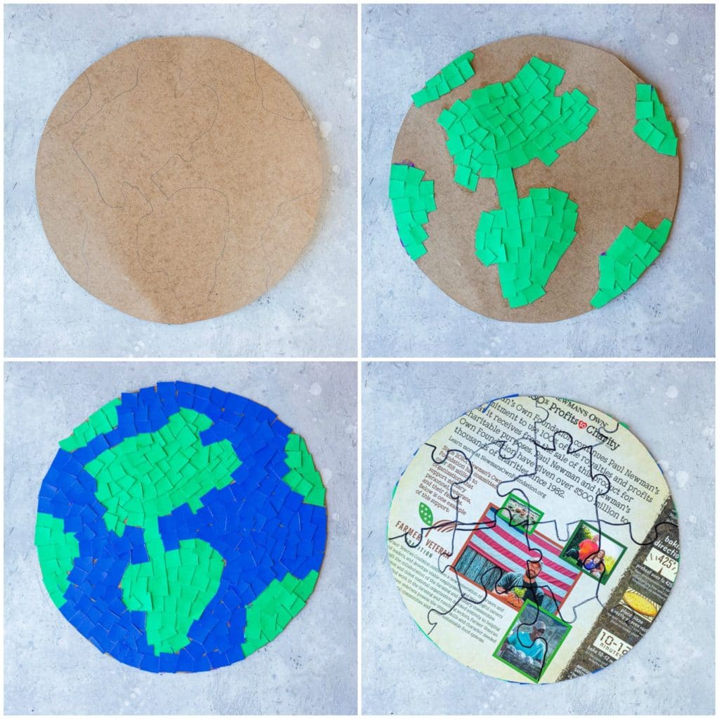 Step by step photos showing how to put an earth puzzle together