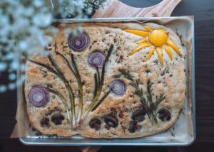 A decorated Garden Focaccia after it is baked.