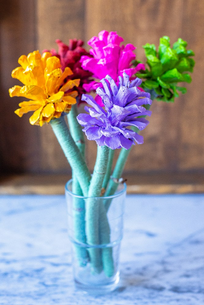 Craft Idea For Adults: Easy DIY Pinecone Flowers With Stems