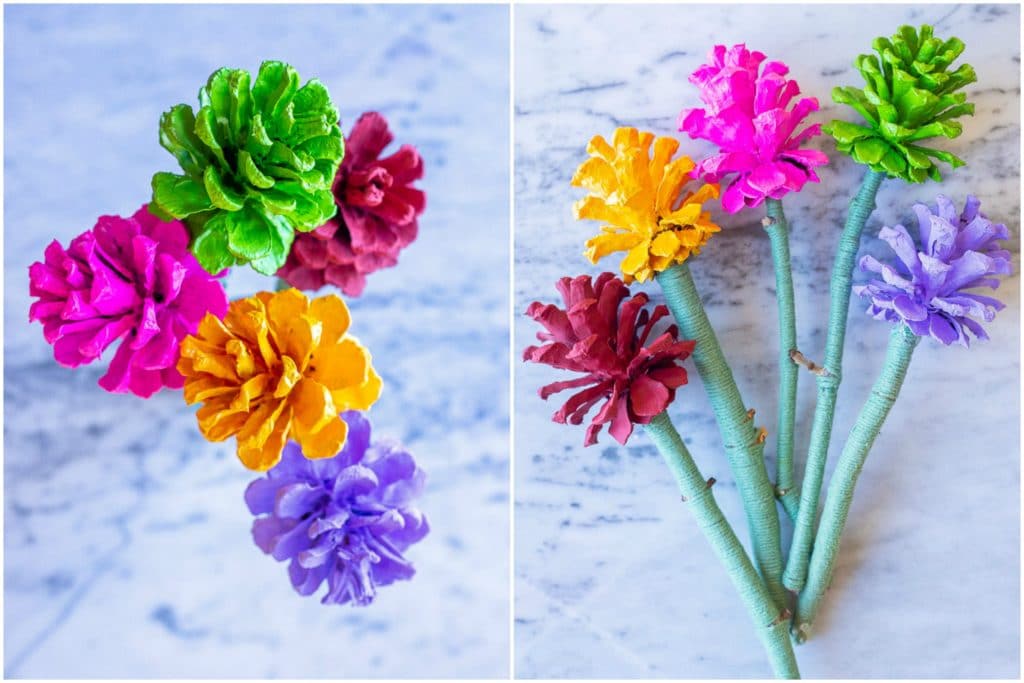 Finished pinecone flowers in a vase