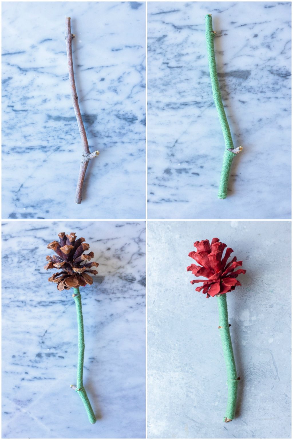 Showing how to make pinecone flower in four easy steps