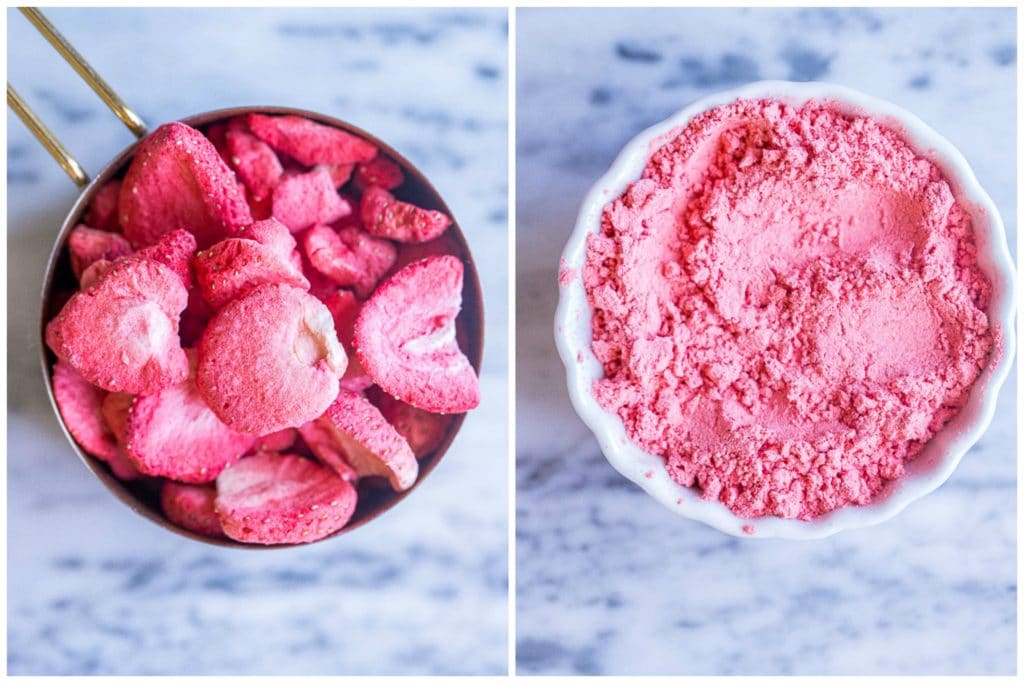 freeze-dried strawberries before and after being blended up