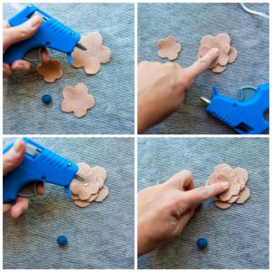 Glueing the felt flower pieces together.