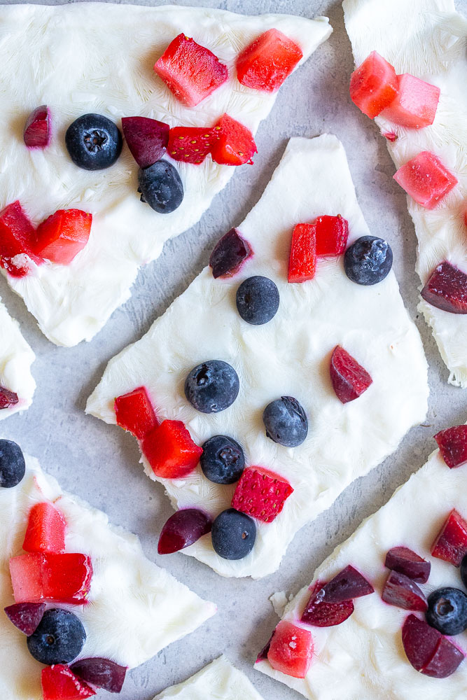 Close up of mixed berry frozen yogurt bark