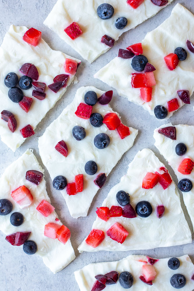 Mixed Berry Frozen Yogurt Bark broken into pieces