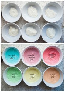 Adding jello mixes to white cream to flavor and color them.