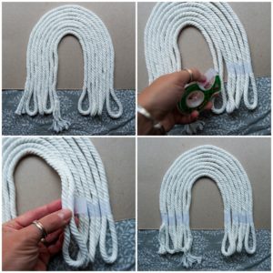 Create the rainbow shape with rope for the macrame rainbow wall hanging.