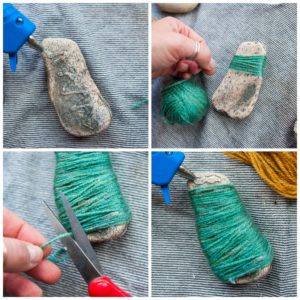 Wrap a rock with yarn.