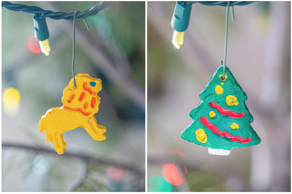 finished salt dough Christmas ornaments hanging on the tree