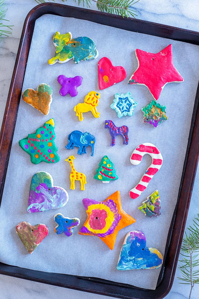 tray of finished homemade Christmas ornaments