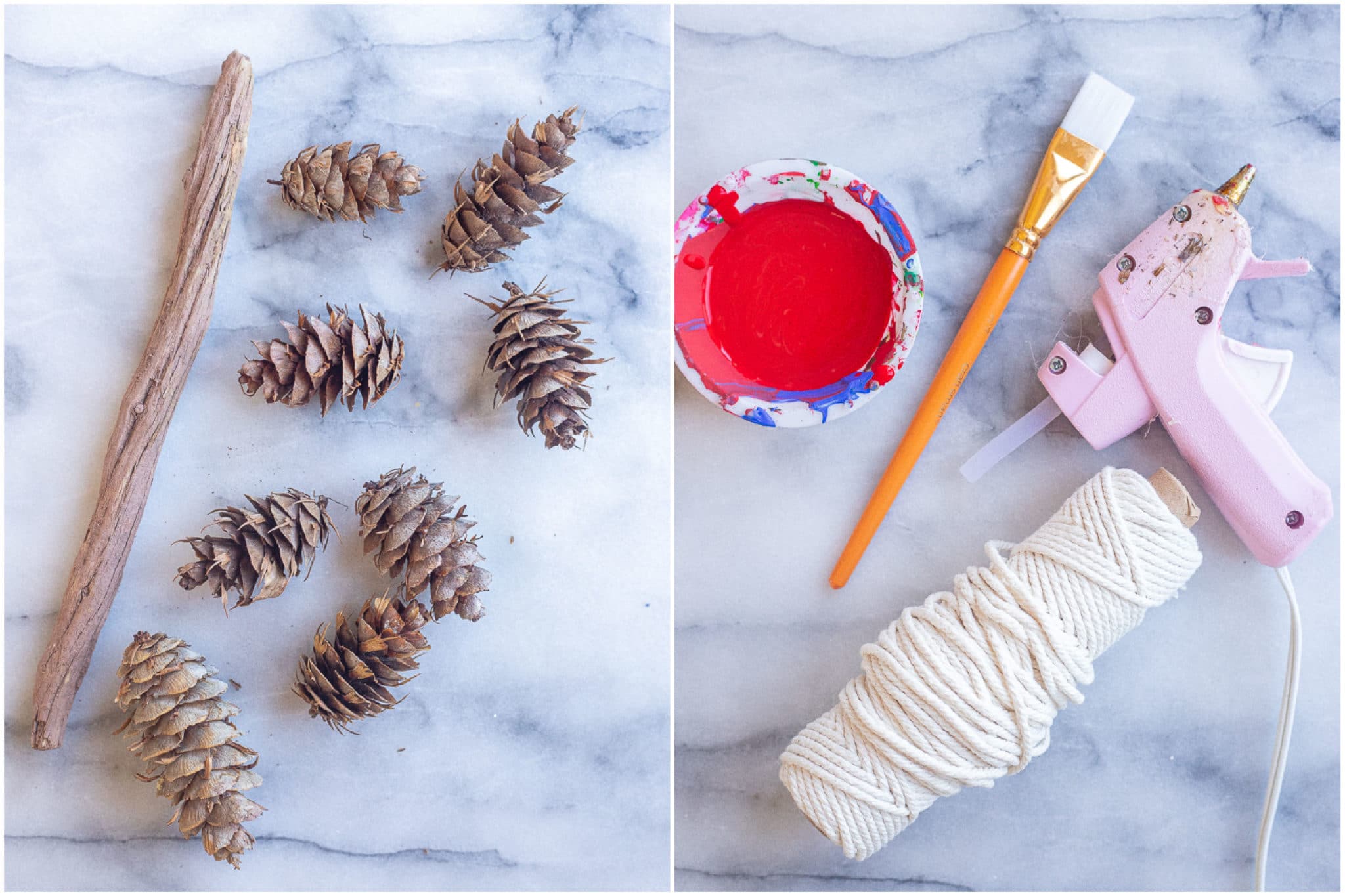 all the materials needed to make a pinecone ristra craft