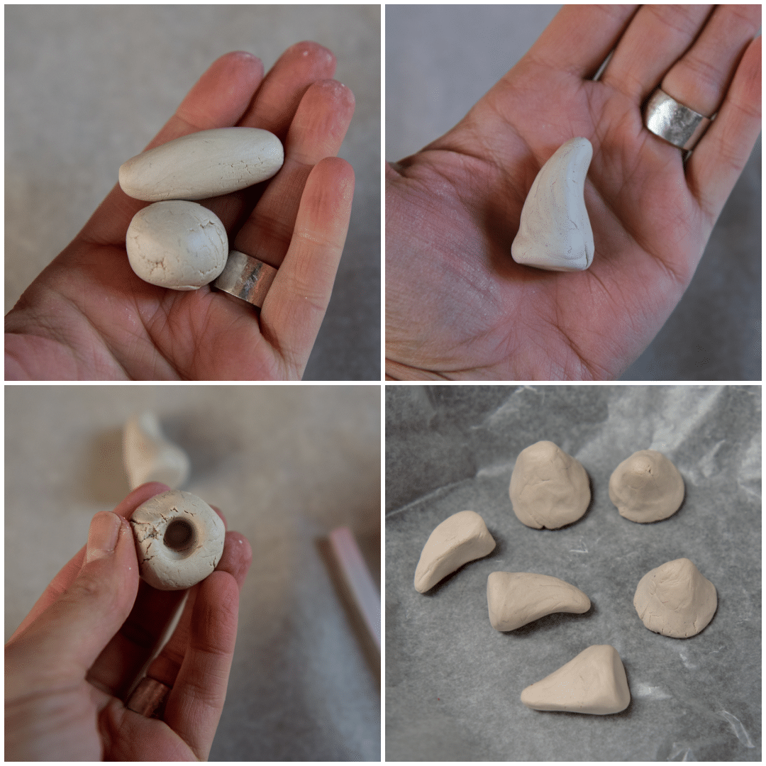 Creating mushroom caps and stems with air-dry clay.