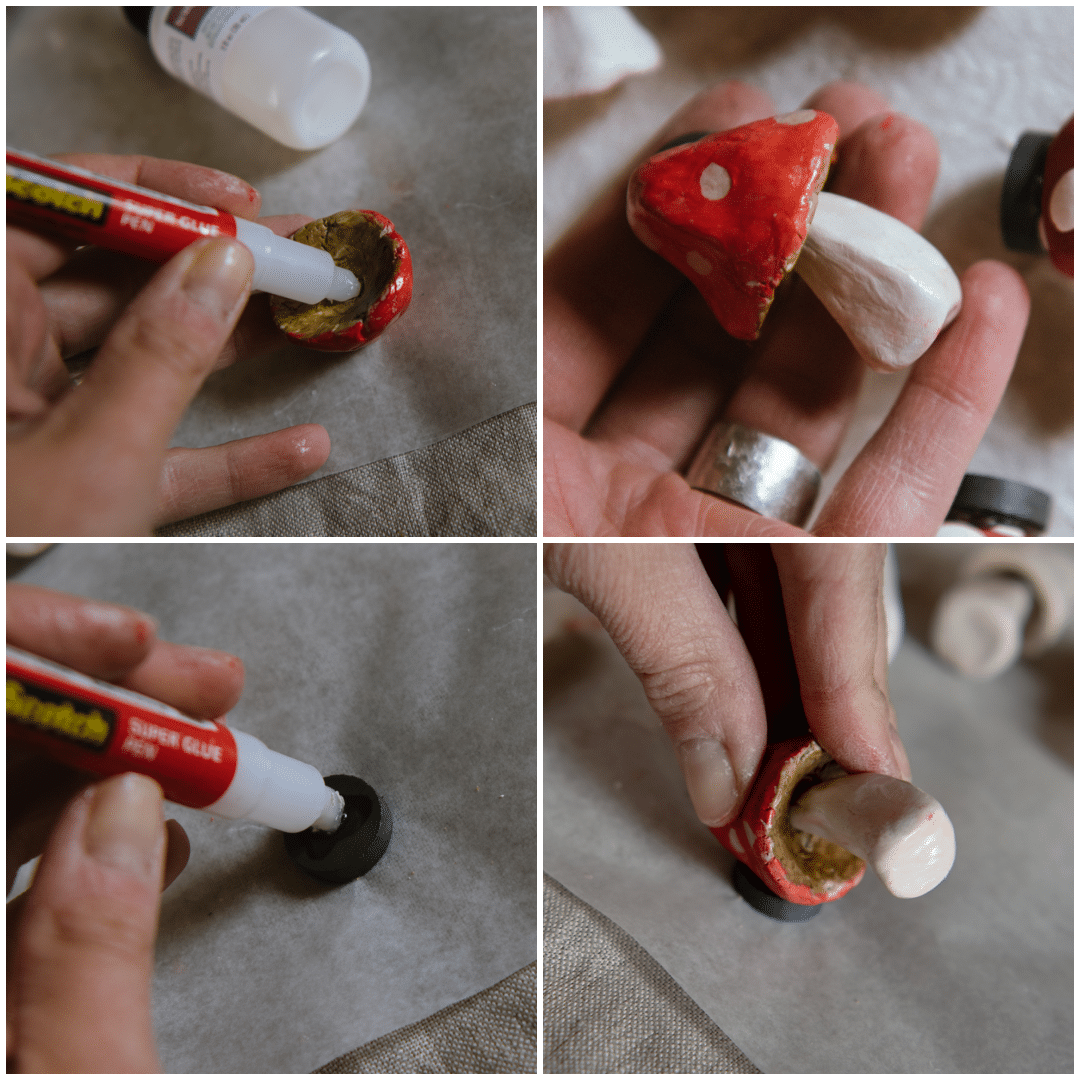 Gluing the stems and caps together and attaching the magnet to the mushroom.