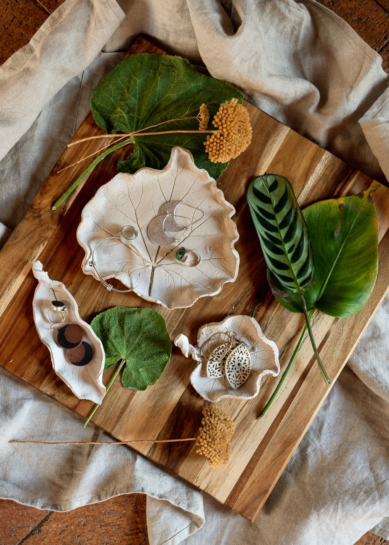 Jewelry dish made with leaf imprints and clay.