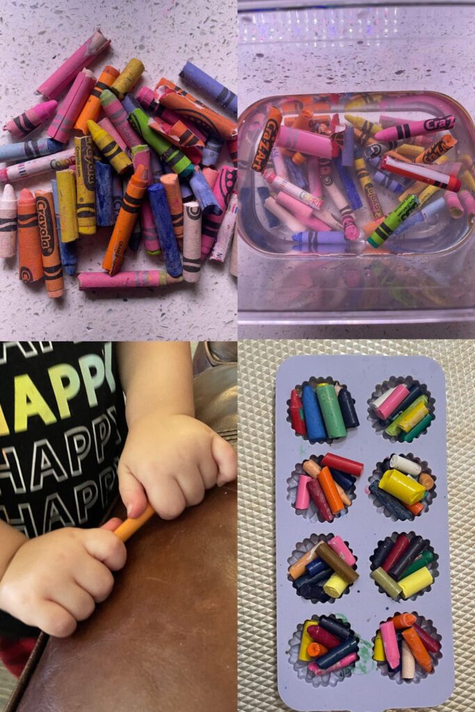 4 steps for how to make crayon molds, use broken crayons, put in water, break and place in molds